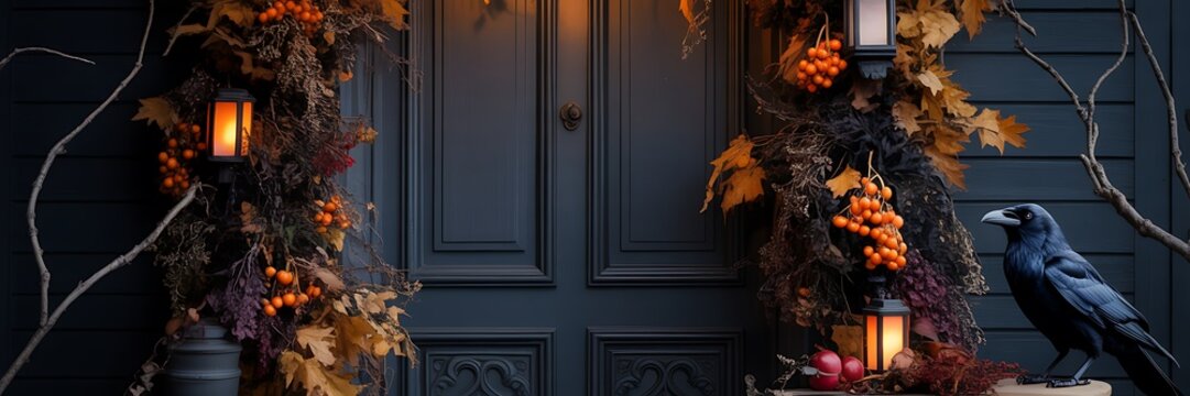 Abstract blurred image of a dark doorway with colorful light streaks and branches