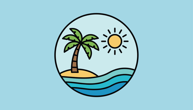 Round flat icon illustration of a tropical beach paradise featuring a palm tree, ocean waves, and a sunny sky.