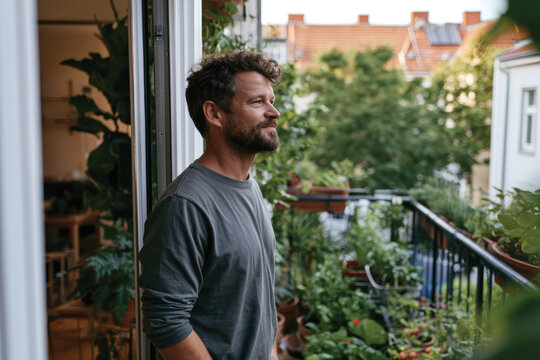 A man stands on a lush balcony adorned with vibrant greenery, lost in thought as he gazes outwards, embodying a connection with nature and a peaceful lifestyle.