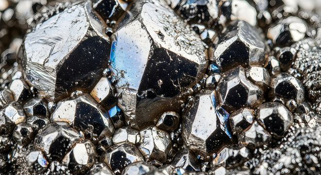 Macro close up of shiny dark metallic crystal mineral