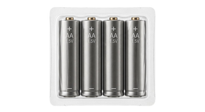 Four AA batteries in clear plastic packaging for sale