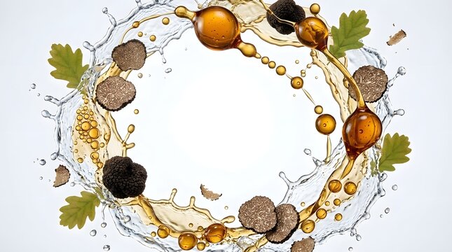 Black truffles and golden oil splashing in water forming a circular frame with copy space