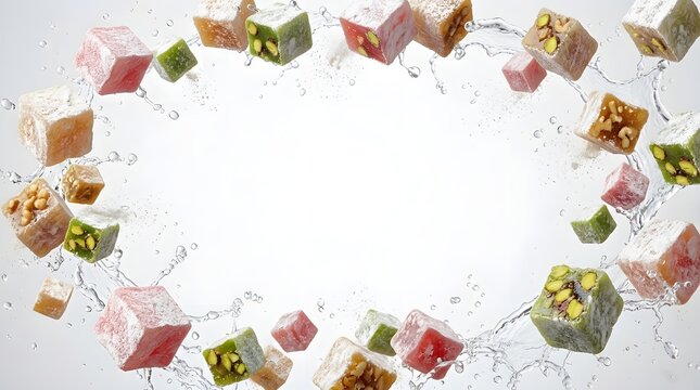 Assorted Turkish delight cubes floating with water splashes against a clean white background