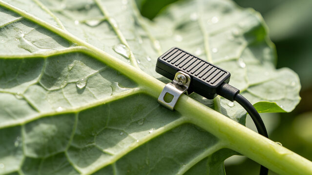Smart farming uses soil sensor to measure moisture levels on plant leaf