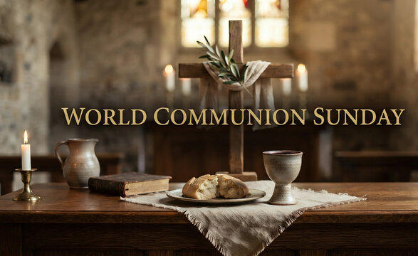 World Communion Sunday church altar setup with bread wine and cross