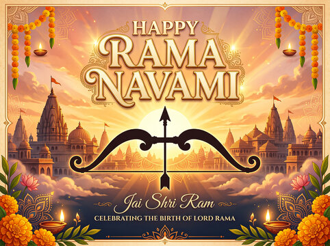 Vibrant Rama Navami poster with temple silhouette and orange marigold garlands during a glowing sunset sky backdrop.