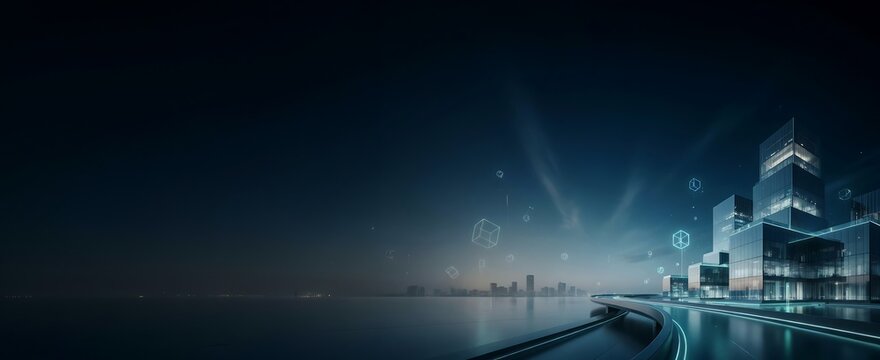 Futuristic city skyline with glowing digital data nodes and network connections on a dark blue background, representing smart city technology