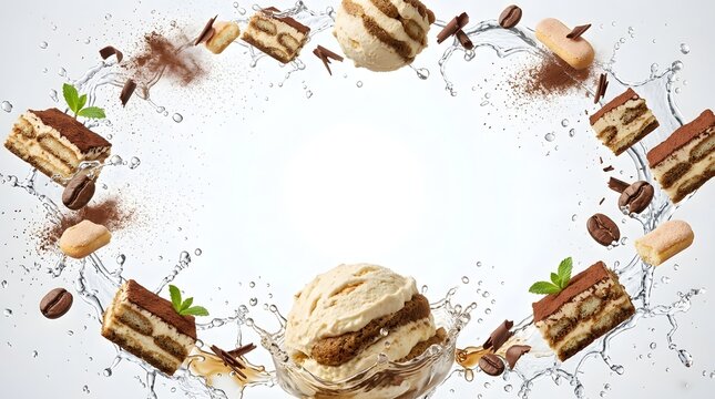 Tiramisu cake slices and scoops with water splashes and coffee beans arranged as a circular frame