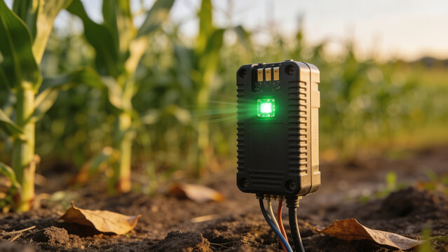Smart farming sensor measuring soil moisture in a corn field during sunset