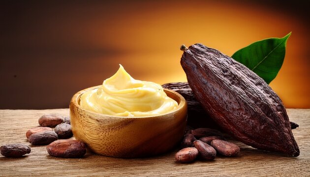 Cocoa Butter Cream In Wooden Bowl With Cocoa Beans On Warm Background