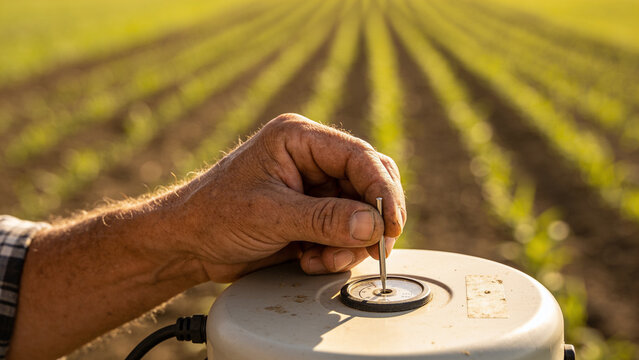 Farm worker checking soil sensor in field for moisture level during farming activity