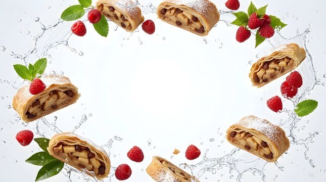 Slices of apple strudel floating with fresh raspberries and water splashes on a white background