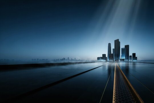 Futuristic city skyline with tall glass towers reflecting on a dark wet ground under a dramatic sky with light beams at twilight