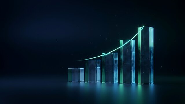 Glass bar chart with a glowing green upward trend line on a dark background, representing financial growth, and business success, in 3d style