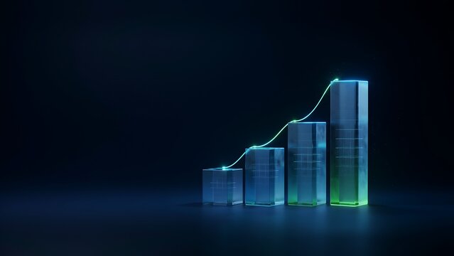 Glass bar chart with a glowing green upward trend line on a dark background, representing financial growth, and business success, in 3d style