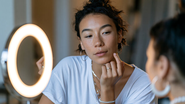 smiling content creator sitting in front of camera and ring light during video recording session