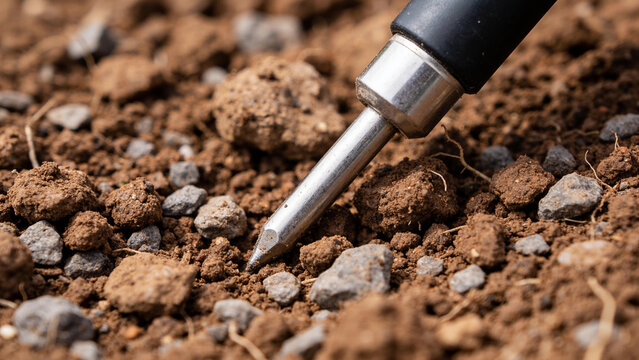Close up of soil sensor placed in ground for monitoring moisture in smart farming