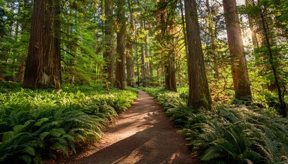 Fototapeta premium Walking Through A Tranquil Forest Path Surrounded By Tall Trees And Lush Greenery On A Sunny Day