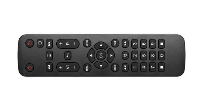 Modern black remote control with a full numeric keypad and navigation buttons