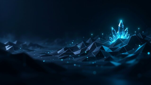 Glowing blue crystal formation emerging from a dark geometric low poly terrain with soft light particles in a mysterious atmosphere