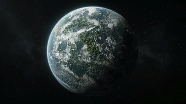 Jungle-covered planet rotating in deep space, showing lush green vegetation across an alien surface and creating a cinematic vision of a living extraterrestrial world.