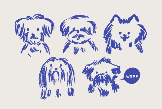 Dog faces hand drawn doodle set. Puppy portrait sketch art.