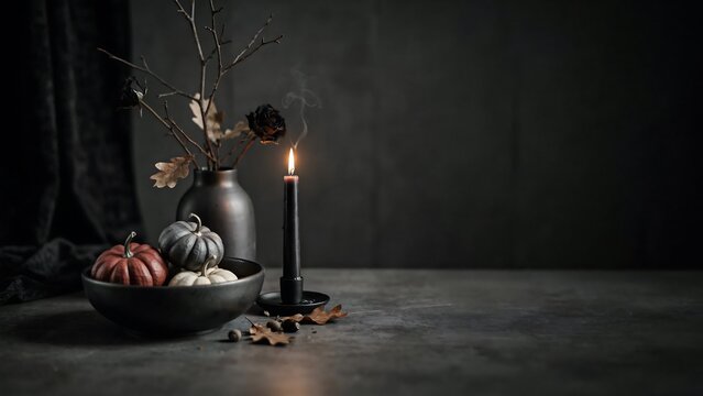 Halloween still life with a black candle, dark vase, and small pumpkins in a bowl on a textured grey surface against a dark wooden background