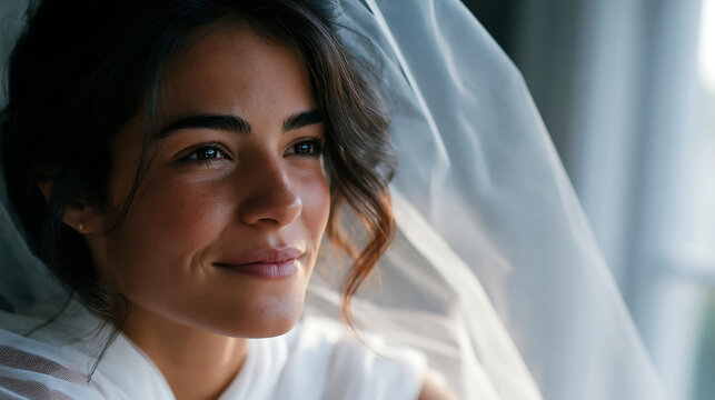 elegant woman wearing white veil looking thoughtfully out window in historical period costume portrait