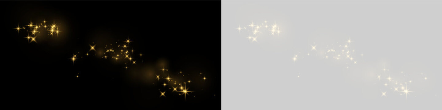 Scattered golden sparkles with glowing star bursts on black background on transparent background