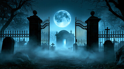 Fototapeta premium Eerie cemetery gates under glowing full moon with spooky mist, haunted mausoleum, and tombstones in dark azure gothic landscape, ideal for Halloween themes or dark fantasy