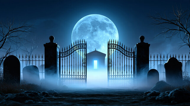 Eerie cemetery gates under glowing full moon with spooky mist, haunted mausoleum, and tombstones in dark azure gothic landscape, ideal for Halloween themes or dark fantasy