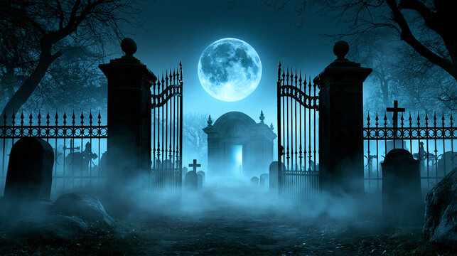 Eerie cemetery gates under glowing full moon with spooky mist, haunted mausoleum, and tombstones in dark azure gothic landscape, ideal for Halloween themes or dark fantasy