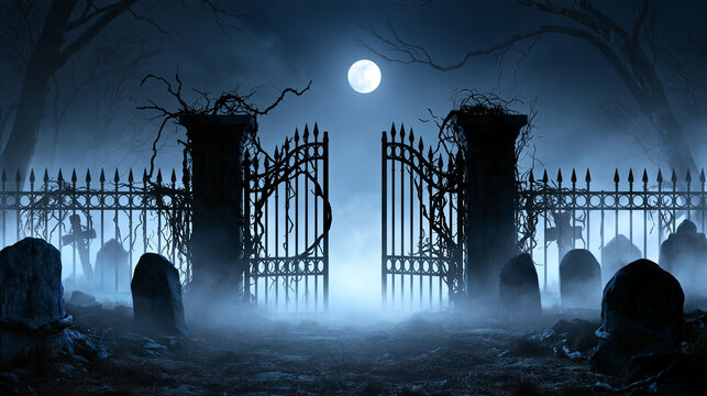 Spooky gothic cemetery gates wrapped in gnarly vines under misty moonlight sky, eerie graveyard background with tombstones, ideal for Halloween themes and horror-themed commercial