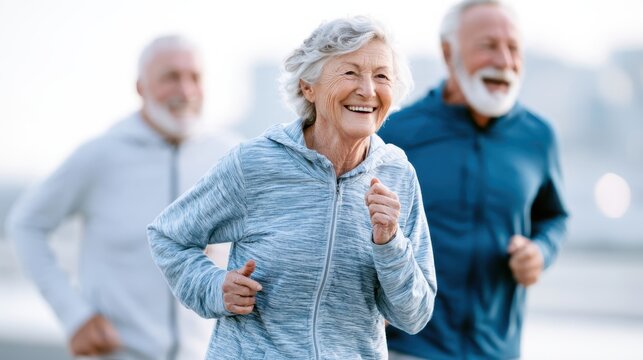 Three elderly people, two men and a woman, are jogging outdoors, looking happy and energetic. The woman in the foreground is smiling and wearing a blue hoodie.