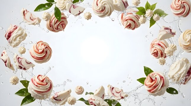 Swirling quark cream dollops with fresh green leaves and water splashes on a white background
