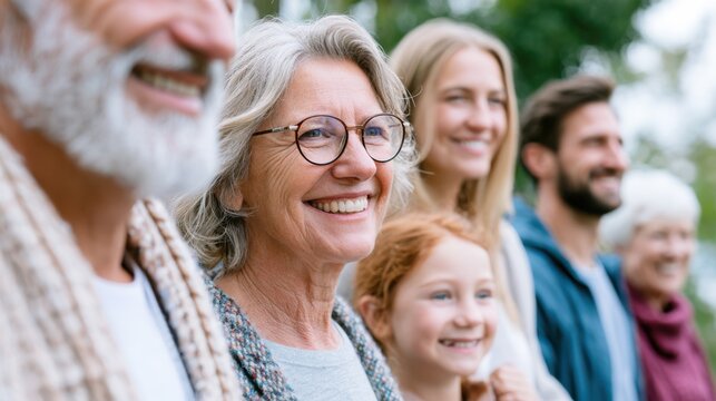 A diverse group of smiling people of all ages stand together, representing generations of a family. The focus is on a middle-aged woman with glasses and grey hair.
