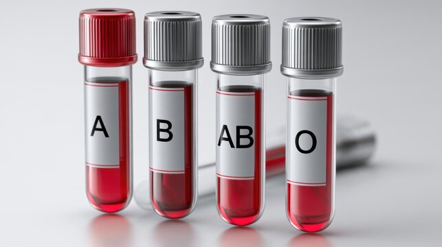Four vials of blood are lined up, labeled A, B, AB, and O. The blood is red, and the vials have silver caps