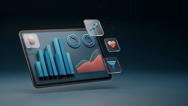 A digital tablet displaying 3d bar charts and line graphs with floating glass-style for health, statistics, and data filtering