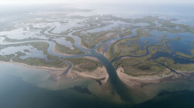 Aerial River Delta Landscape Representing Water Management and Coastal Resilience