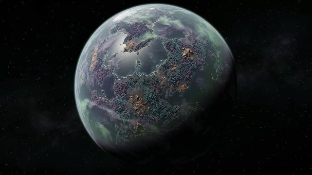 Mysterious alien planet rotating in deep space with an unusual multicolored surface and atmospheric textures, suggesting an unexplored extraterrestrial world.