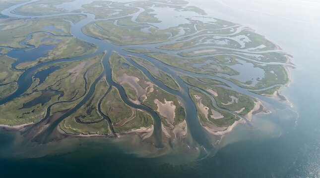 Top Down Aerial River Delta with Branching Channels and Coastal Wetland Patterns
