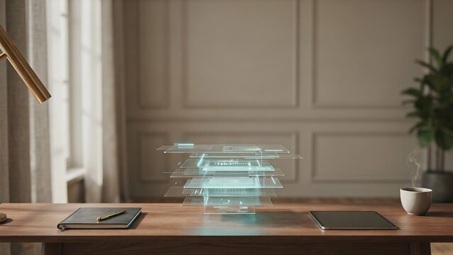 Holographic digital interface floating above a wooden office desk with a notebook and a coffee cup in a bright room with soft lighting