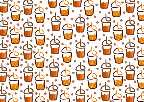 Seamless Pattern of Mixed Iced Coffee and Bubble Tea Cups with Hearts and Polka Dots