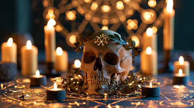 Human skull with laurel wreath among burning candles and symbols, glowing celestial patterns decorate dark mystical background, esoteric theme ideal for witchcraft, with copy space