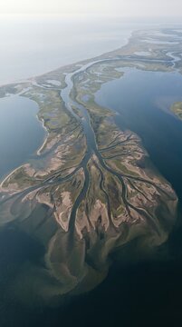 Vertical Aerial River Delta Pattern Showing Intricate Waterways and Coastal Wetlands