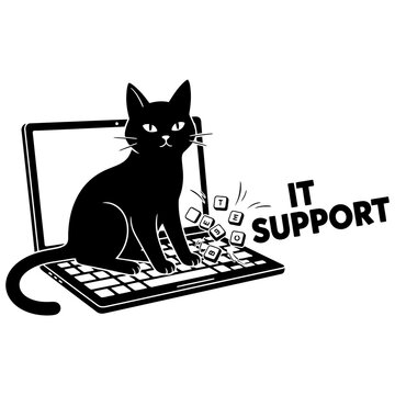 Black Cat Sitting on Laptop Keyboard with it Support Text and Flying Keys