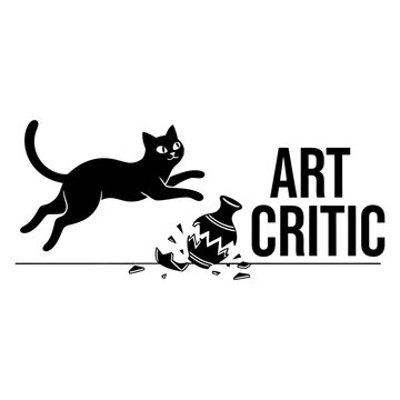 Black Cat Jumping Over Broken Vase with Art Critic Text