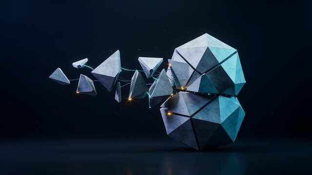 Large geometric polyhedral structure made of stone textures breaking into smaller floating fragments with glowing golden light