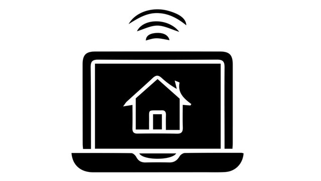 Smart home laptop icon, wireless remote control system vector, digital real estate management and automation symbol