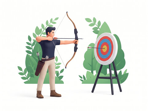 A male archer figurine shooting an arrow at a target with toy figure